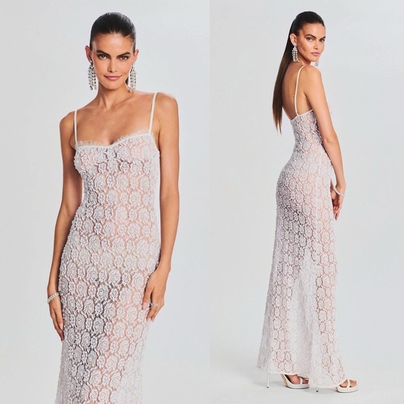 Retrofete Landy Sheer Lace Faux Pearl Adorned Maxi Dress White NEW with tag - Picture 2 of 14